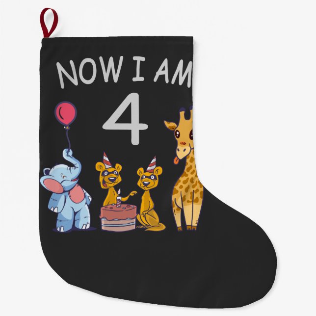 Now I am 4 year old 4th Birthday at the Zoo Large Christmas Stocking (Front)