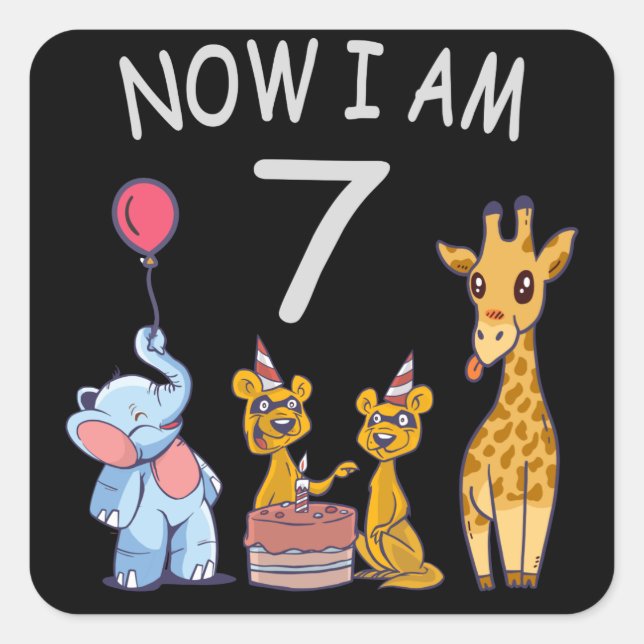 Now I am 7 years old 7th Birthday at the Zoo Square Sticker (Front)
