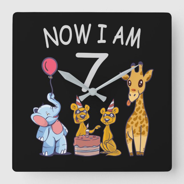 Now I am 7 years old 7th Birthday at the Zoo Square Wall Clock (Front)