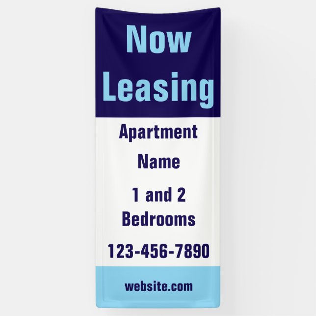 Now Leasing Apartment Name Light Dark Blue & White Banner (Vertical)