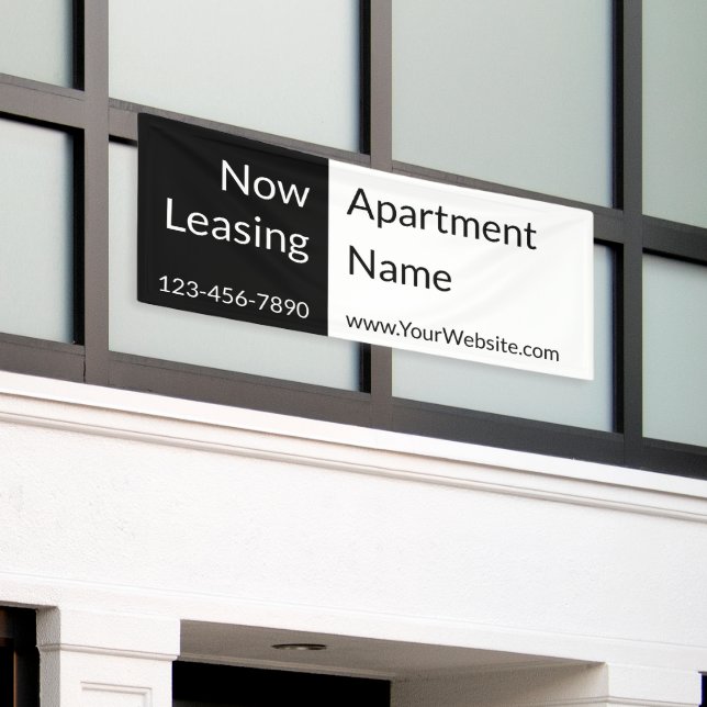 Now Leasing Black and White Apartment Name & Phone Banner (Outside Building)