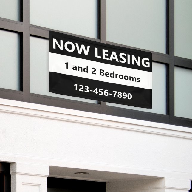 Now Leasing Black and White Apartment Rental Banner (Outside Building)