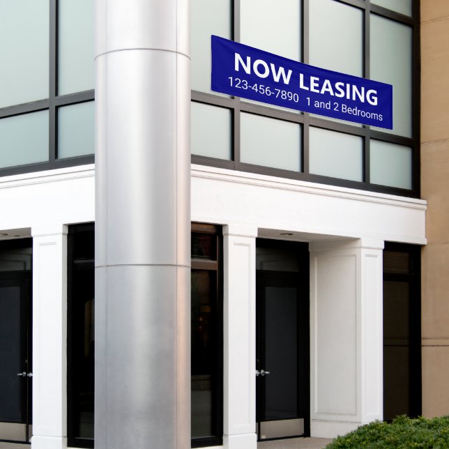 Now Leasing Blue and White Apartment Rental Phone Banner (Outside Building)