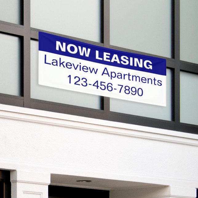 Now Leasing Blue & White Apartment Community Name Banner (Outside Building)