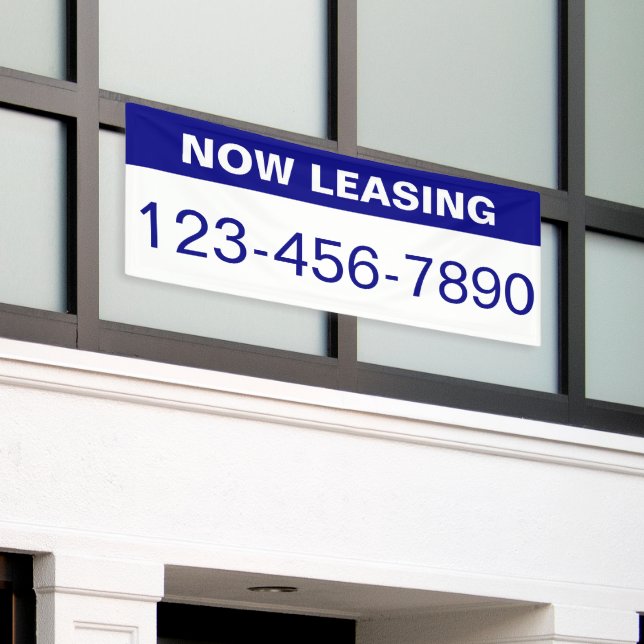 Now Leasing Blue White Large Digit Phone Number Banner (Outside Building)
