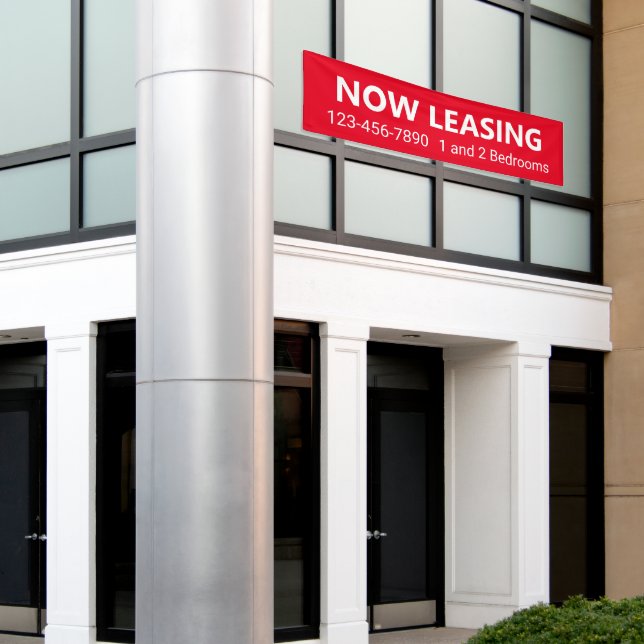 Now Leasing Red and White Apartment Rental Phone Banner (Outside Building)
