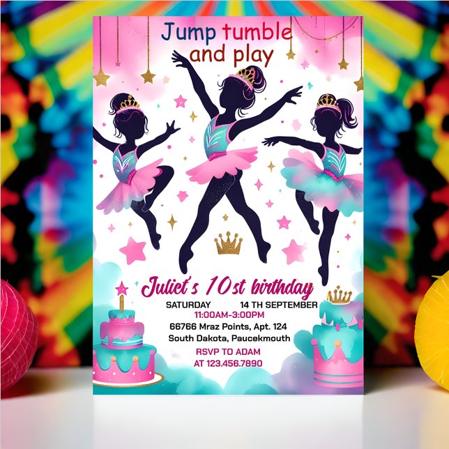 now modern cute Jump girl gymnastics 10th birthday Invitation (Creator Uploaded)