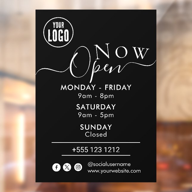 Now Open | Business Opening Times Logo BLACK Window Cling (Sheet 2)