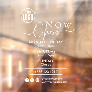 Now Open   Business Opening Times Logo white Window Cling