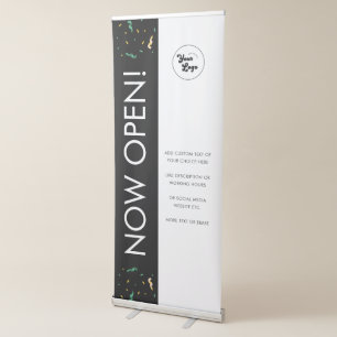 Now Open Confetti & Custom Business Logo Text Retractable Banner