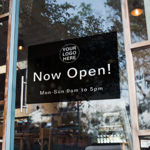 Now Open l Black & White Business Logo Hours  Window Cling