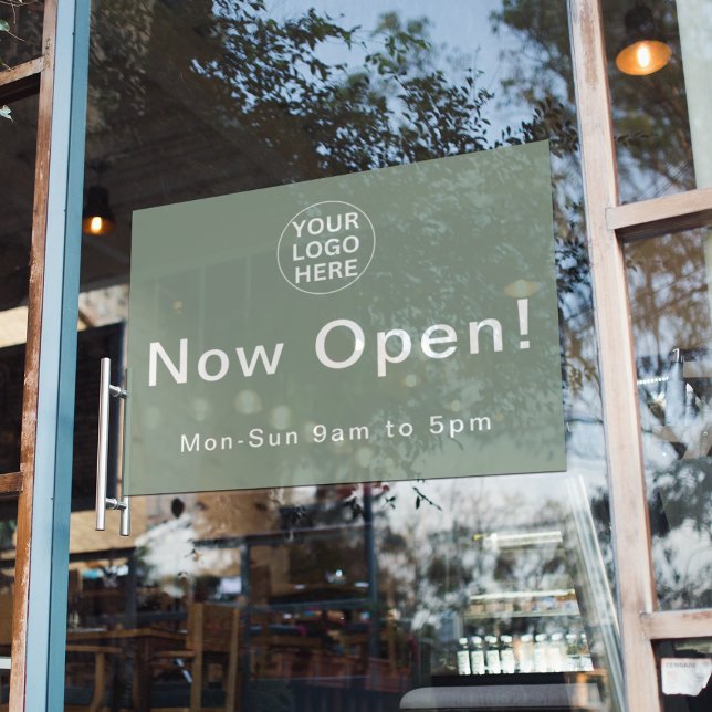 Now Open l Business Hours Opening Sage Green Logo Window Cling (Creator Uploaded)