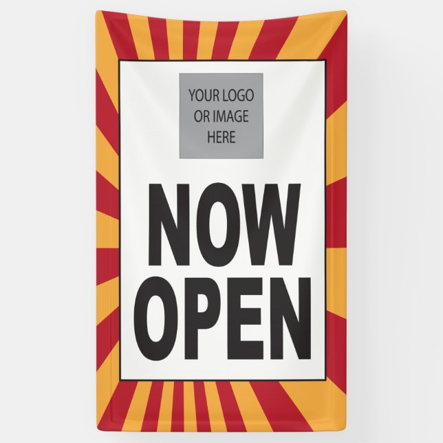Now Open Sign with logo and starburst (Vertical)