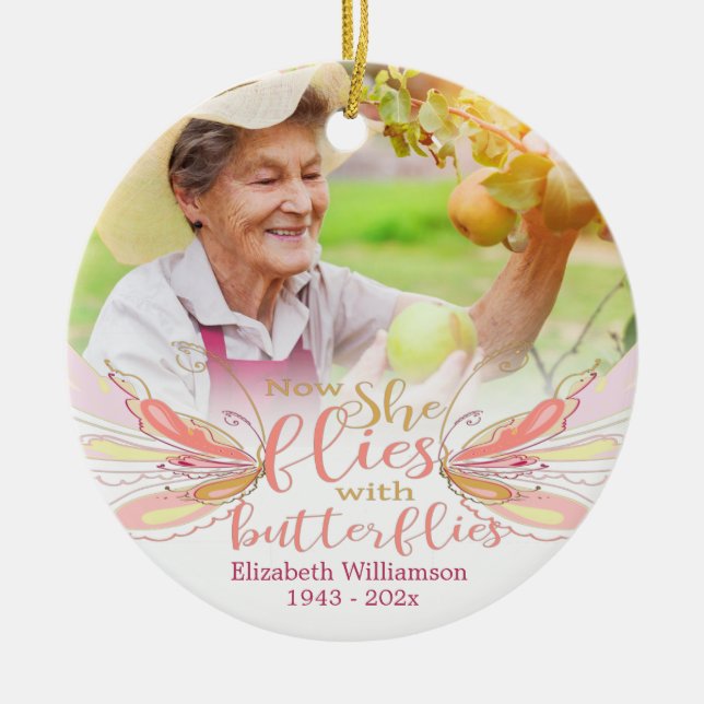 Now She Flies With Butterflies Photo Memorial Ceramic Tree Decoration (Front)