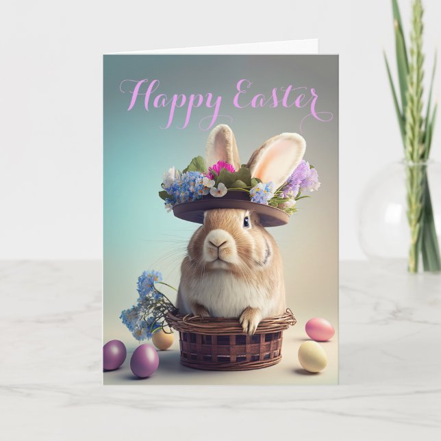 Now That's a Hat! Cute Rabbit in an Easter Hat Holiday Card (Front)