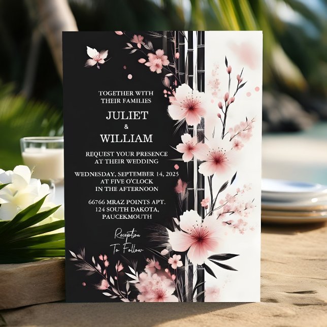 Now Wood Bamboo Pink Sakura Cherry Blossom Wedding Invitation (Creator Uploaded)