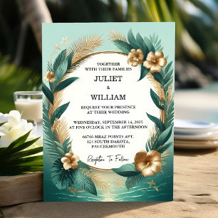 Now Wreath Palm Tree Beach Green And Gold Wedding Invitation