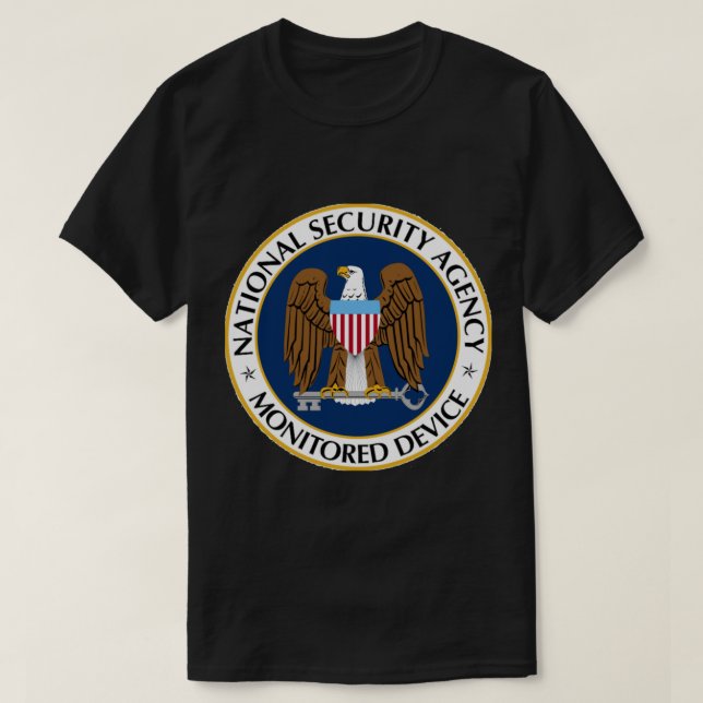NSA Monitored Device Sticker T-Shirt (Design Front)