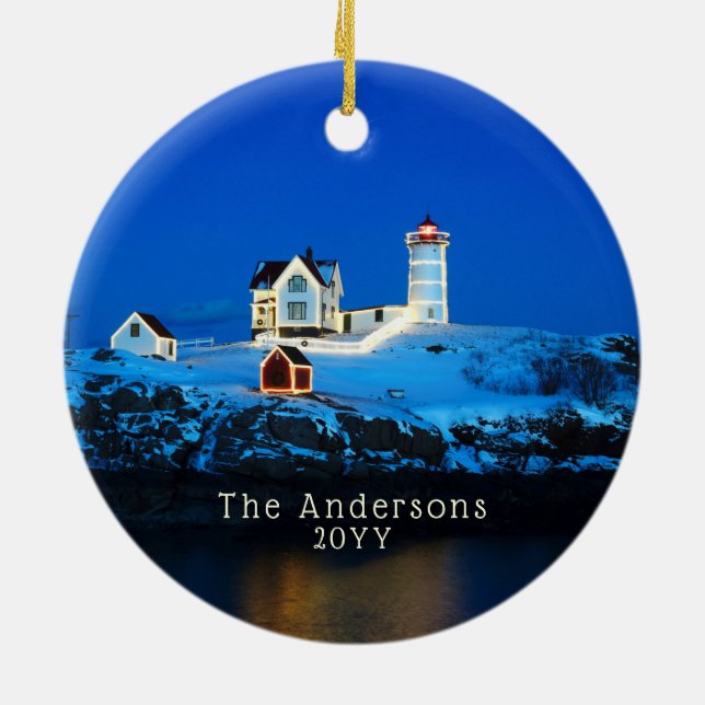 Nubble Holiday Lights Famly Lighthouse Ceramic Tree Decoration (Back)