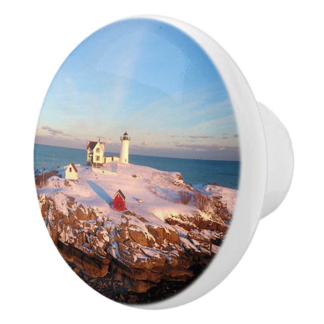 Nubble Light Aerial Snowy Maine Lighthouse Ceramic Knob (Right)