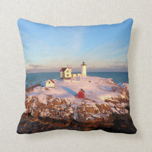 Nubble Light Aerial Snowy Maine Lighthouse Cushion