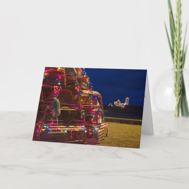 Nubble Light Decorated At Night Holiday Card (Front)