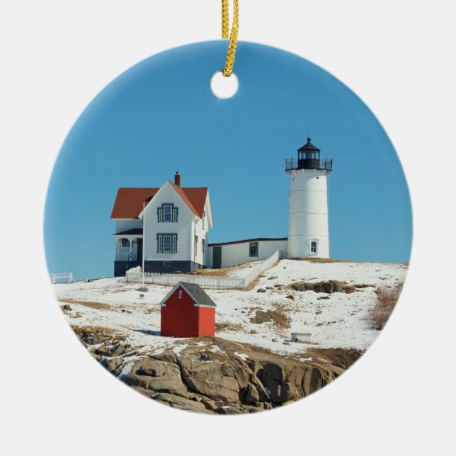 Nubble Lighthouse Christmas Glass Tree Decoration (Front)