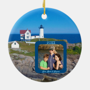Nubble Lighthouse Family Photo Christmas Ceramic Tree Decoration
