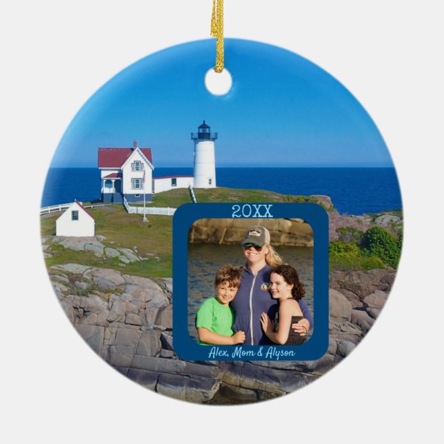 Nubble Lighthouse Family Photo Christmas Ceramic Tree Decoration (Back)