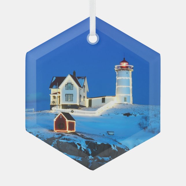 Nubble Lighthouse Glass Tree Decoration (Front)