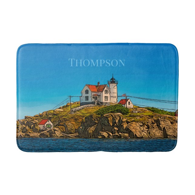 Nubble Lighthouse Maine Nautical Personalised Bath Mat (Front)