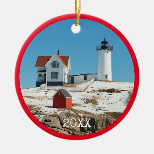 Nubble Lighthouse Red Family Photo Ceramic Tree Decoration (Front)