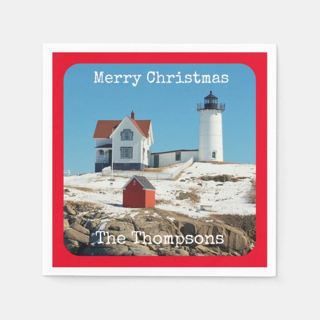 Nubble Merry Christmas Red Family Lighthouse Napkin (Front)