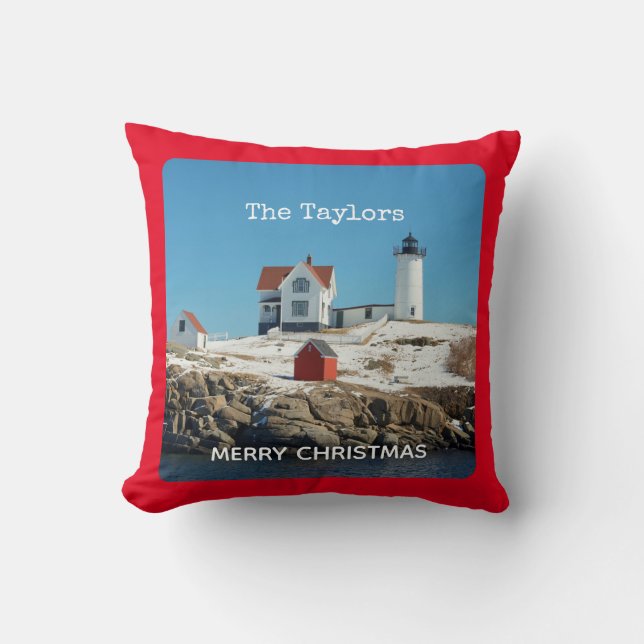 Nubble Red Name Atlantic Ocean Maine Lighthouse Cushion (Front)