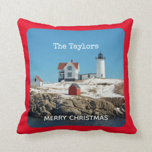 Nubble Red Name Atlantic Ocean Maine Lighthouse Cushion