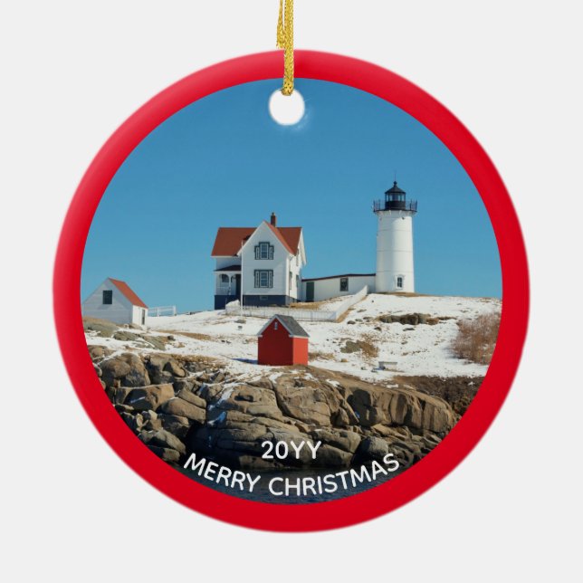 Nubble Red Year Atlantic Ocean Maine Lighthouse Ceramic Tree Decoration (Back)
