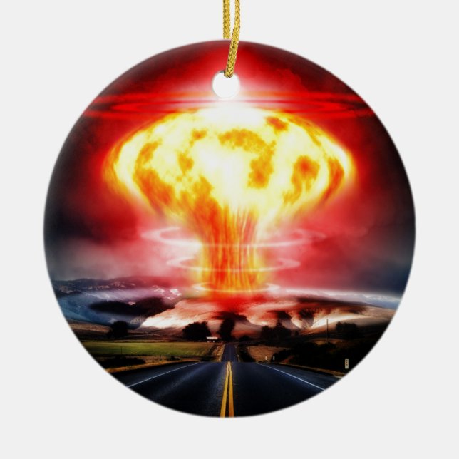 Nuclear explosion mushroom cloud illustration ceramic tree decoration (Front)