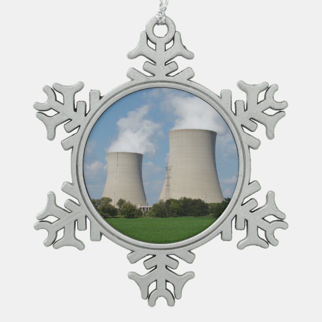 Nuclear Power Plant Cooling Towers Snowflake Pewter Christmas Ornament (Front)