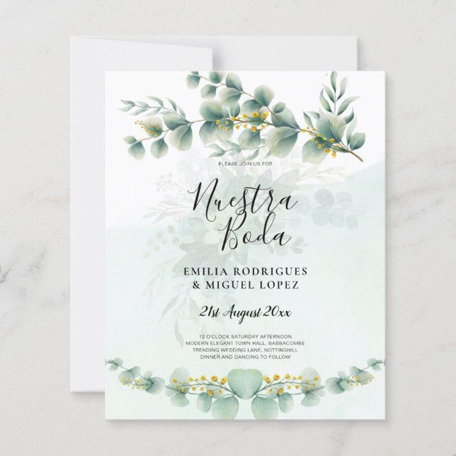 Nuesta Boda Greenery Gold Wedding Invitation  (Front)