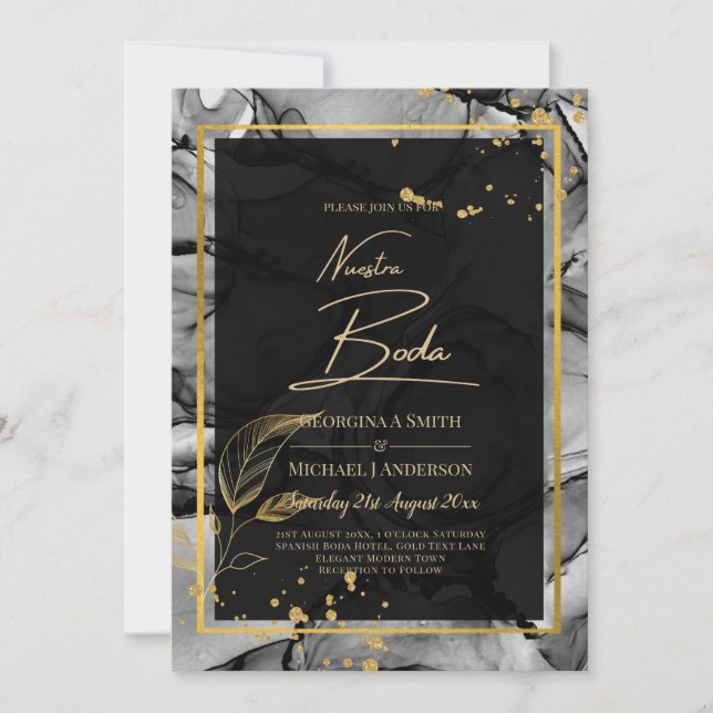 NUESTRA BODA Black Gold  Ink Wedding INVITE (Front)