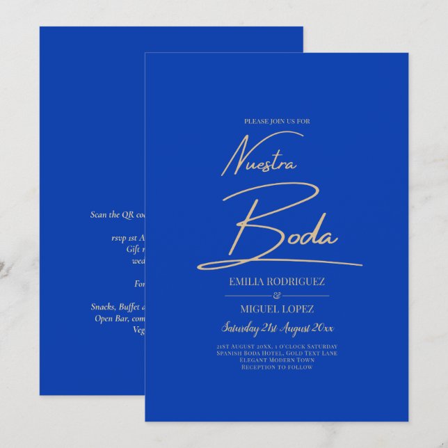 NUESTRA BODA Blue Monochrome Wedding NVITE Invitation (Front/Back)