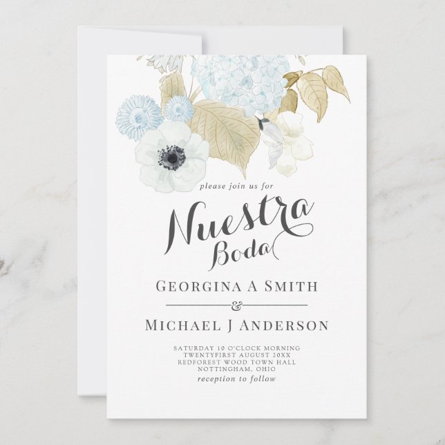 Nuestra Boda Blue White Floral Spanish Wedding Invitation (Front)