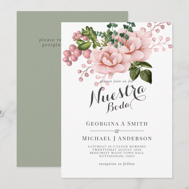 Nuestra Boda Blush Pink Roses Spanish Wedding Invitation (Front/Back)