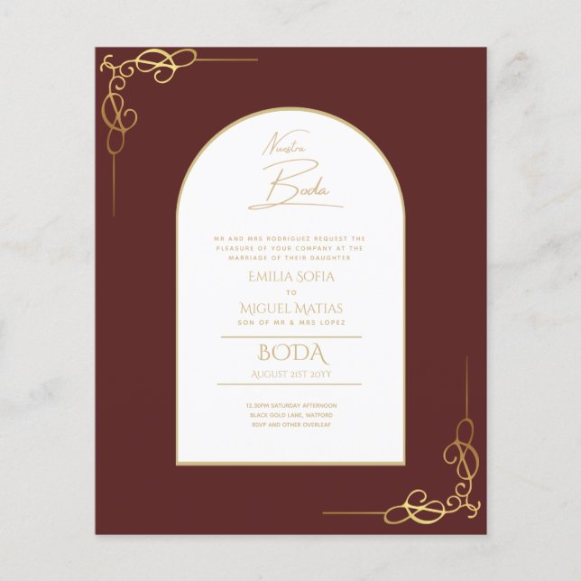 Nuestra Boda Budget Gold Accent Bilingual Invite Flyer (Front)