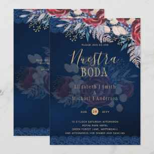 Nuestra Boda Burgundy Blue Floral Lace INVITE