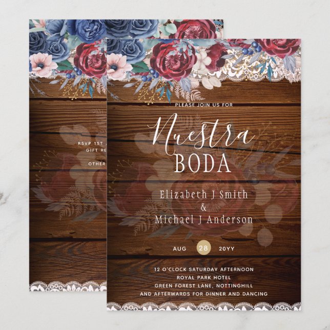 Nuestra Boda Burgundy Blue Floral Lace INVITE (Front/Back)