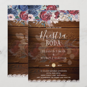 Nuestra Boda Burgundy Blue Floral Lace INVITE