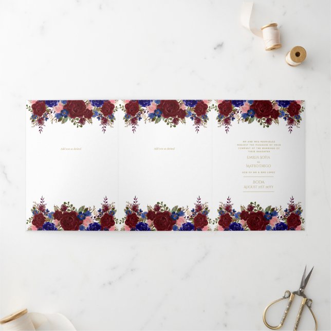 Nuestra Boda Burgundy Blue Floral Wedding Invite (Outside)