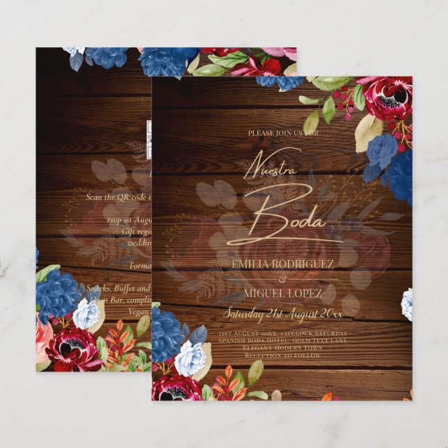 NUESTRA BODA Burgundy Blue Floral Wedding INVITE (Front/Back)