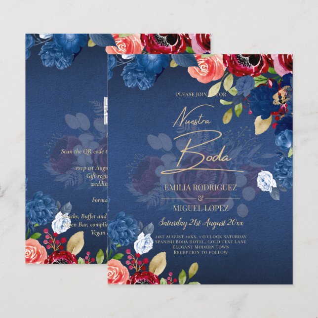 NUESTRA BODA Burgundy Blue Floral Wedding INVITE (Front/Back)
